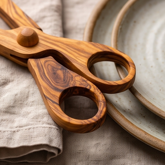 Pinces à salade en bois d'olivier | Ciseaux de service en bois Cuillère Fourchette Pinces alimentaires