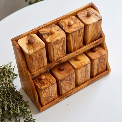 Olive Wood Spice Rack With 8 Containers And Spoons, Hand Crafted Eco Friendly Tea Coffee Sugar Boxes With Lids