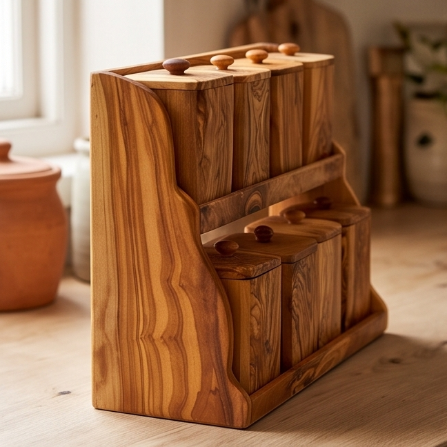 Olive Wood Spice Rack With 8 Containers And Spoons, Hand Crafted Eco Friendly Tea Coffee Sugar Boxes With Lids