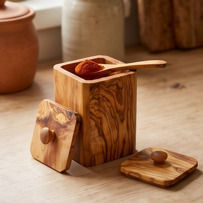 Olive Wood Spice Rack With 8 Containers And Spoons, Hand Crafted Eco Friendly Tea Coffee Sugar Boxes With Lids