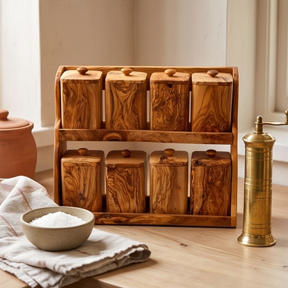 Olive Wood Spice Rack With 8 Containers And Spoons, Hand Crafted Eco Friendly Tea Coffee Sugar Boxes With Lids