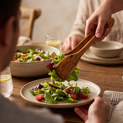 Handcrafted Olive Wood Salad Tongs - Non-Scratch Wooden Food Serving Scissors