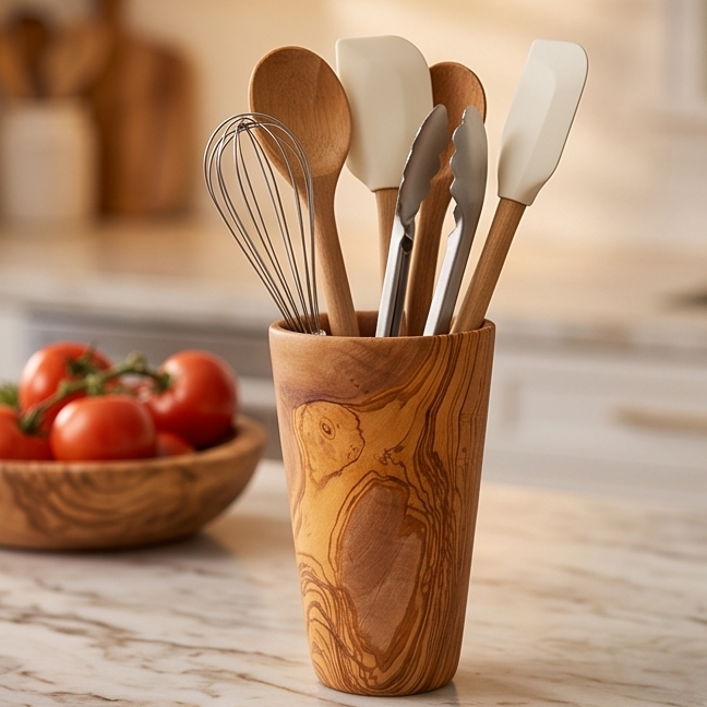 Support à ustensiles de luxe en bois d'olivier massif | Organiseur de rangement rustique pour plan de travail de cuisine