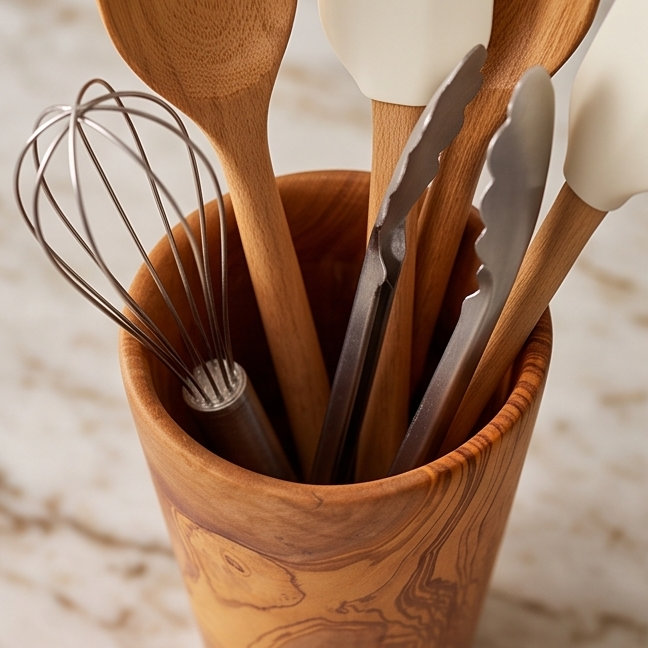 Support à ustensiles de luxe en bois d'olivier massif | Organiseur de rangement rustique pour plan de travail de cuisine