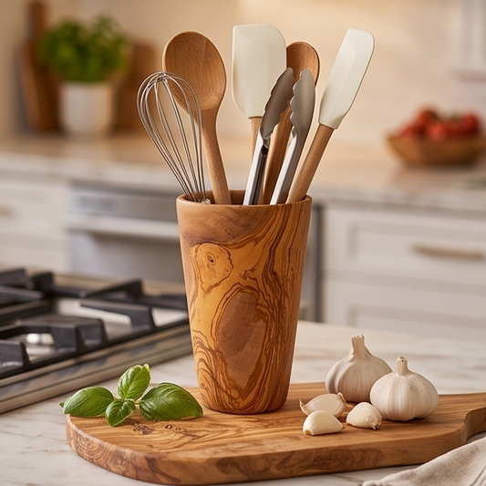 Luxury Solid Olive Wood Utensil Holder | Rustic Kitchen Countertop Storage Organiser