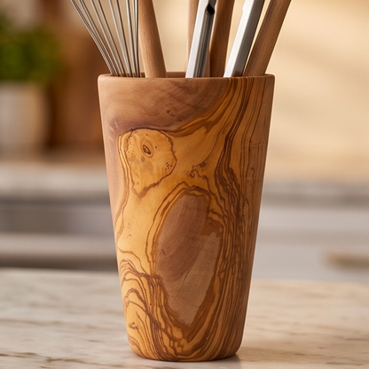 Support à ustensiles de luxe en bois d'olivier massif | Organiseur de rangement rustique pour plan de travail de cuisine