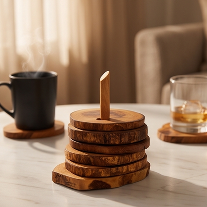 Ensemble de dessous de verre en bois d'olivier fait main - Dessous de verre rustiques à bord naturel avec support