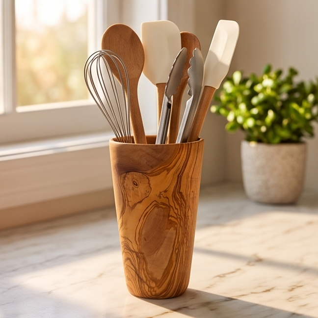 Support à ustensiles de luxe en bois d'olivier massif | Organiseur de rangement rustique pour plan de travail de cuisine