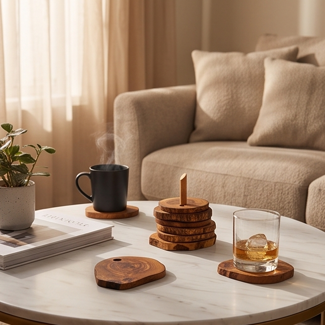 Ensemble de dessous de verre en bois d'olivier fait main - Dessous de verre rustiques à bord naturel avec support
