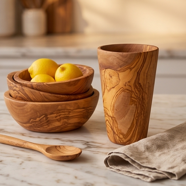 Support à ustensiles de luxe en bois d'olivier massif | Organiseur de rangement rustique pour plan de travail de cuisine