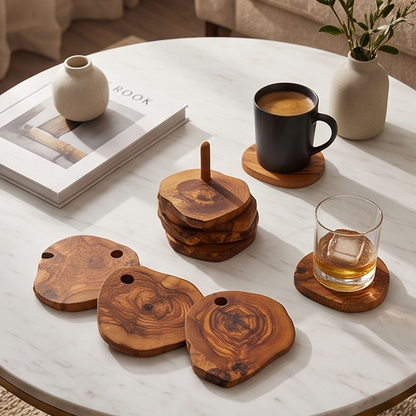Ensemble de dessous de verre en bois d'olivier fait main - Dessous de verre rustiques à bord naturel avec support