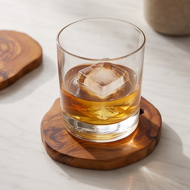Ensemble de dessous de verre en bois d'olivier fait main - Dessous de verre rustiques à bord naturel avec support
