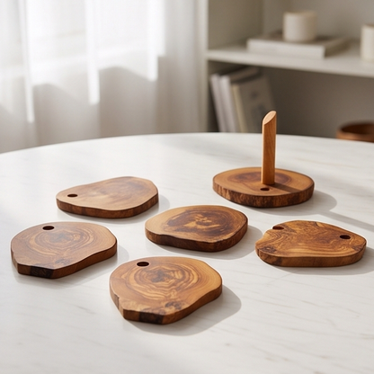 Ensemble de dessous de verre en bois d'olivier fait main - Dessous de verre rustiques à bord naturel avec support