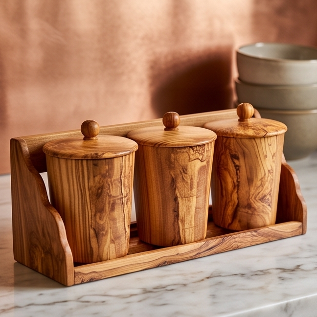 Ensemble de 3 boîtes de rangement en bois d'olivier avec support | Pots à épices de cuisine en bois