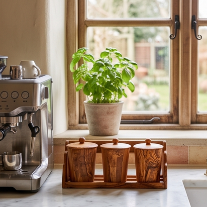 Ensemble de 3 boîtes de rangement en bois d'olivier avec support | Pots à épices de cuisine en bois