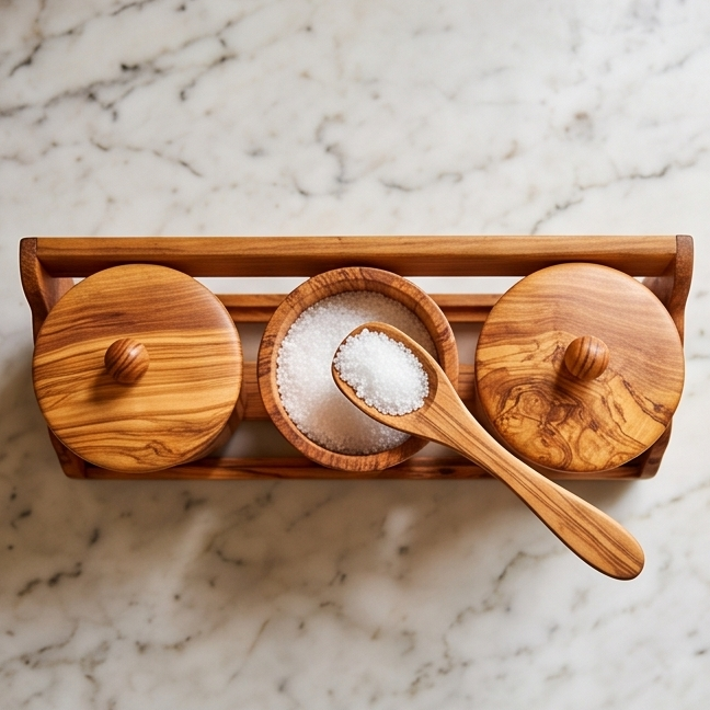 Ensemble de 3 boîtes de rangement en bois d'olivier avec support | Pots à épices de cuisine en bois