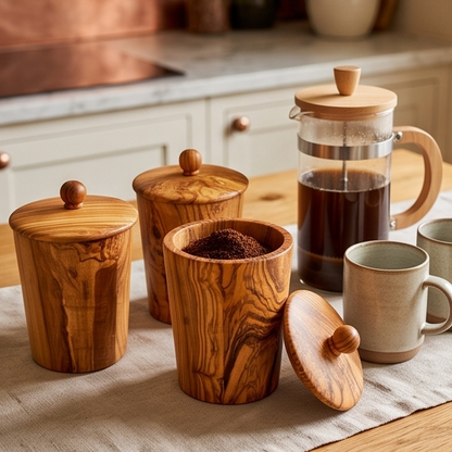 Ensemble de 3 boîtes de rangement en bois d'olivier avec support | Pots à épices de cuisine en bois