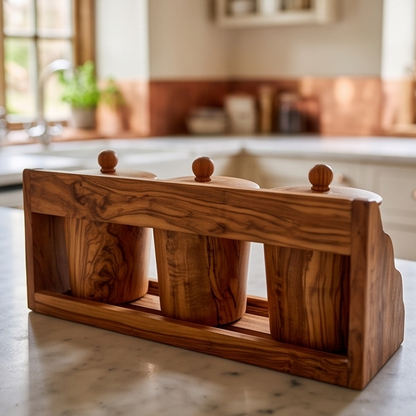 Ensemble de 3 boîtes de rangement en bois d'olivier avec support | Pots à épices de cuisine en bois