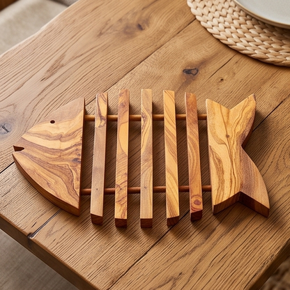 Dessous de plat artisanal en bois d'olivier en forme de poisson (26x19 cm) | Repose-plat