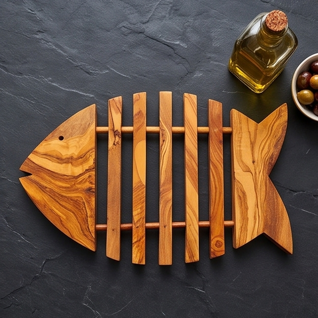 Dessous de plat artisanal en bois d'olivier en forme de poisson (26x19 cm) | Repose-plat