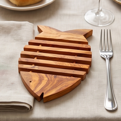 Dessous de plat artisanal en bois d'olivier en forme de poisson (26x19 cm) | Repose-plat