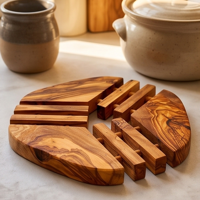 Dessous de plat en bois d'olivier fabriqué à la main (19 cm) | Tapis en bois résistant à la chaleur