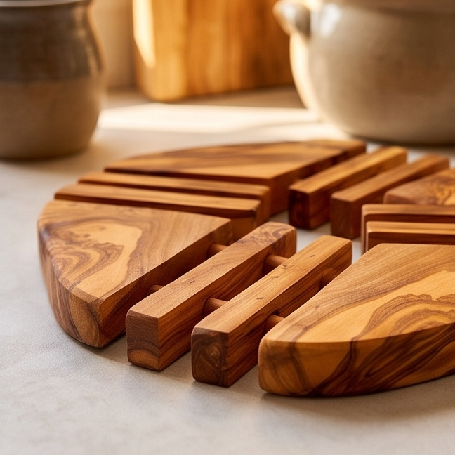 Dessous de plat en bois d'olivier fabriqué à la main (19 cm) | Tapis en bois résistant à la chaleur