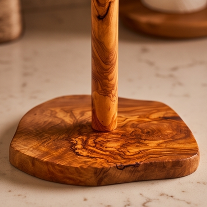 Porte-essuie-tout en bois d'olivier fait main (30 cm) | Dévidoir sur pied