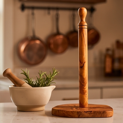 Porte-essuie-tout en bois d'olivier fait main (30 cm) | Dévidoir sur pied