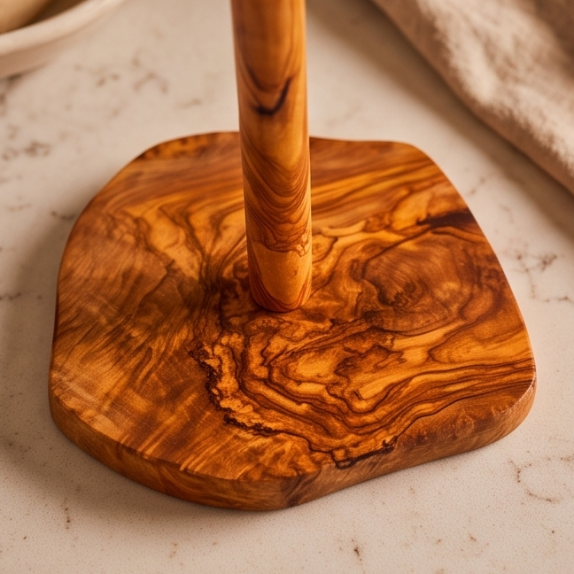 Porte-essuie-tout en bois d'olivier fait main (30 cm) | Dévidoir sur pied