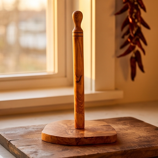 Porte-essuie-tout en bois d'olivier fait main (30 cm) | Dévidoir sur pied
