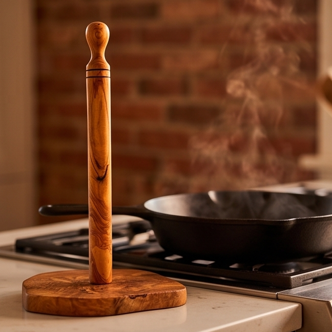 Porte-essuie-tout en bois d'olivier fait main (30 cm) | Dévidoir sur pied