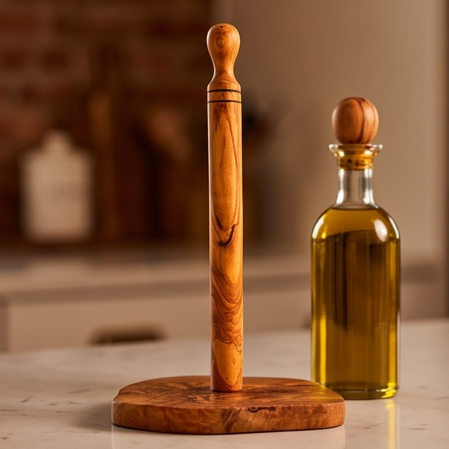 Porte-essuie-tout en bois d'olivier fait main (30 cm) | Dévidoir sur pied