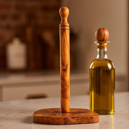 Porte-essuie-tout en bois d'olivier fait main (30 cm) | Dévidoir sur pied