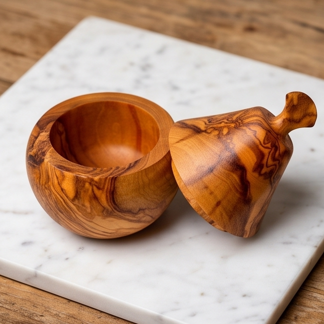 Sucrier et pot à épices artisanal en bois d'olivier en forme de poire (12 cm)