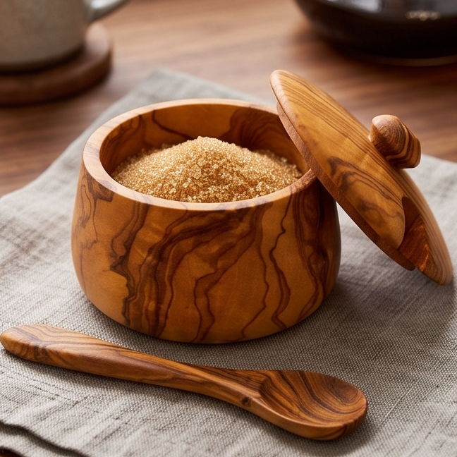 Sucrier artisanal en bois d'olivier avec couvercle et cuillère | 10 cm
