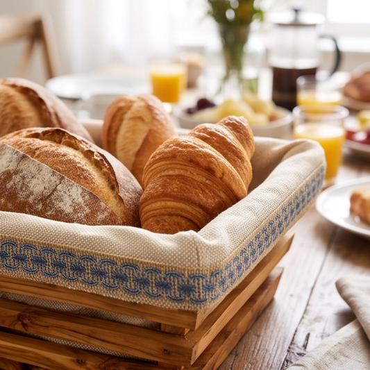 Handcrafted Olive Wood Bread Basket with Removable Fabric Liner | Rustic Tray