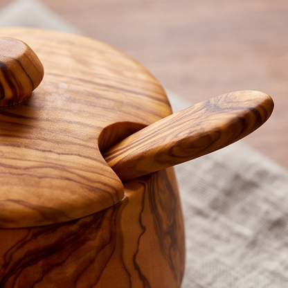 Sucrier artisanal en bois d'olivier avec couvercle et cuillère | 10 cm
