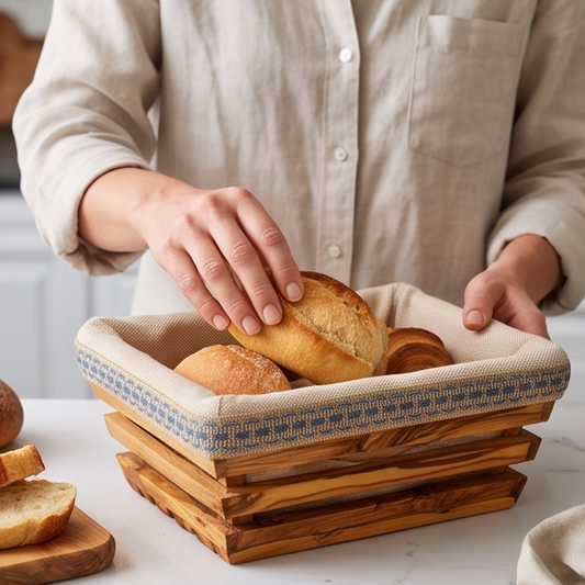 Handcrafted Olive Wood Bread Basket with Removable Fabric Liner | Rustic Tray