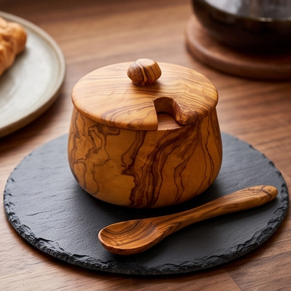 Sucrier artisanal en bois d'olivier avec couvercle et cuillère | 10 cm