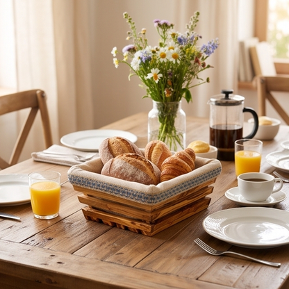Panier à pain artisanal en bois d'olivier avec doublure en tissu amovible | Plateau rustique
