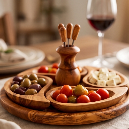 Handcrafted 4-Section Olive Wood Appetizer Serving Tray Set | 21 cm