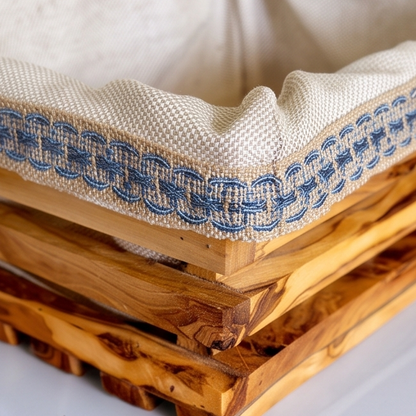 Panier à pain artisanal en bois d'olivier avec doublure en tissu amovible | Plateau rustique