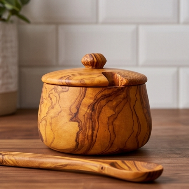 Sucrier artisanal en bois d'olivier avec couvercle et cuillère | 10 cm