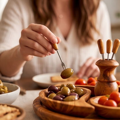 Plateau de service apéritif artisanal en bois d'olivier à 4 compartiments | 21 cm