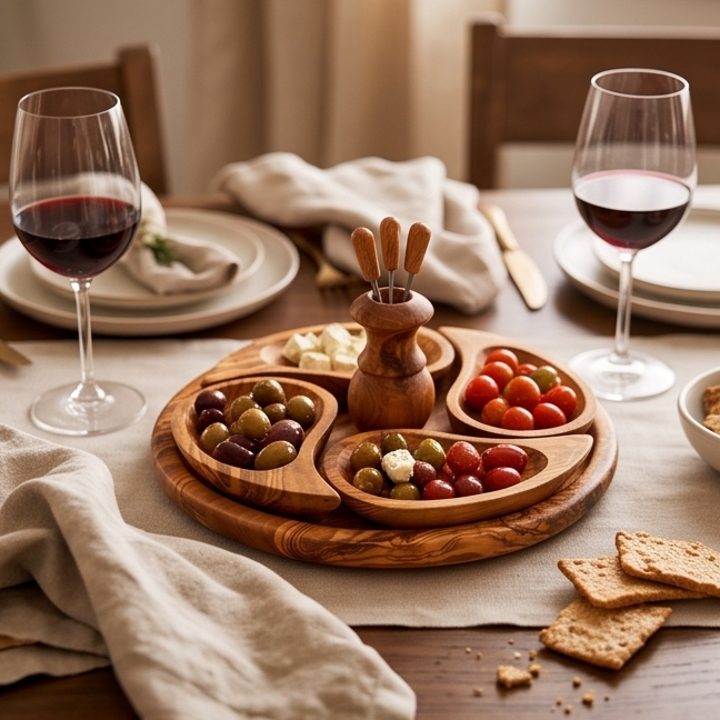 Plateau de service apéritif artisanal en bois d'olivier à 4 compartiments | 21 cm