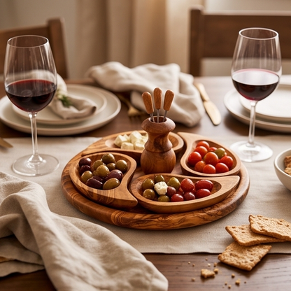 Plateau de service apéritif artisanal en bois d'olivier à 4 compartiments | 21 cm