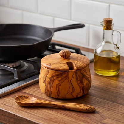 Sucrier artisanal en bois d'olivier avec couvercle et cuillère | 10 cm