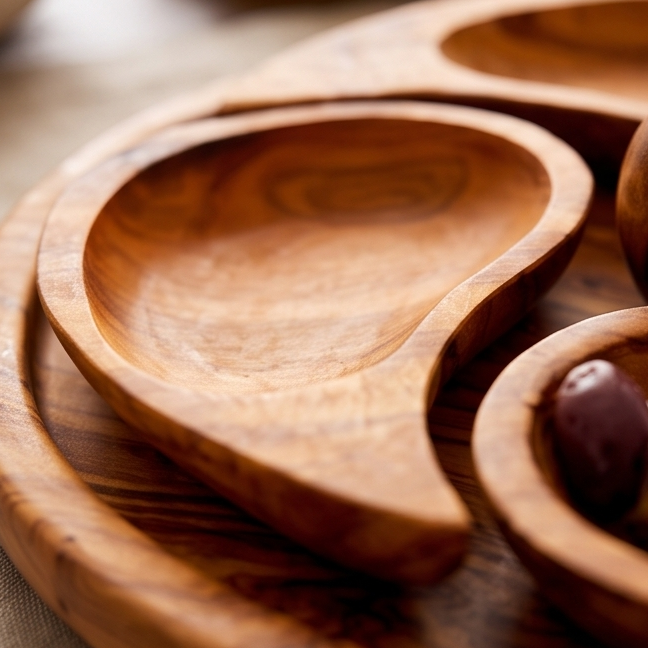 Plateau de service apéritif artisanal en bois d'olivier à 4 compartiments | 21 cm