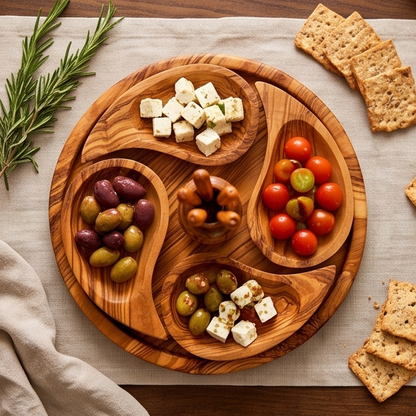 Plateau de service apéritif artisanal en bois d'olivier à 4 compartiments | 21 cm